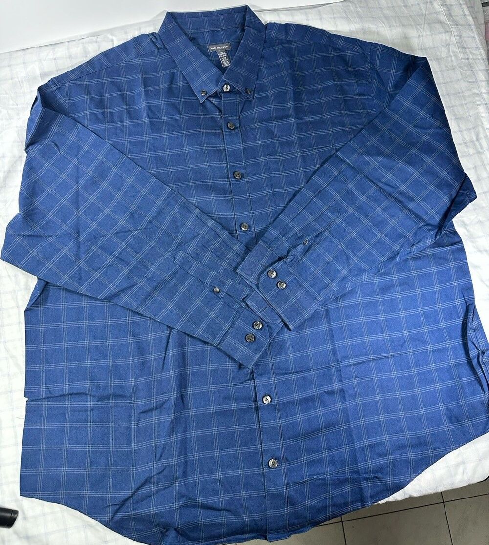 Van Heusen Men's 3XL Blue Plaid Button Down Shirt Long Sleeve Cotton Blend Tall